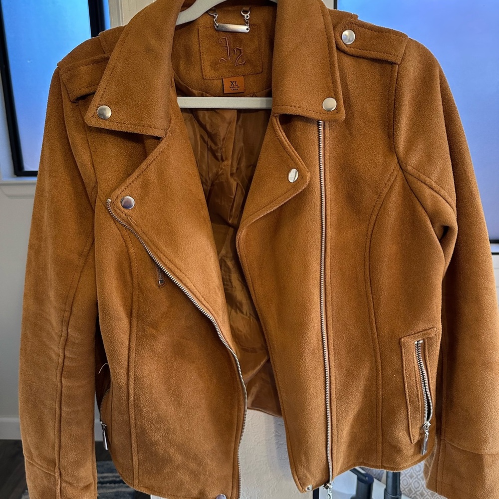 XL brown faux suede moto jacket.